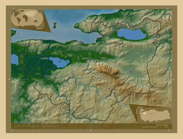 Bursa Province Turkiye Colored Elevation Map Lakes Rivers Locations Names — Stock Photo, Image