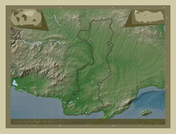 Edirne Turkiye省 用Wiki风格绘制的带有湖泊和河流的高程地图 角辅助位置图 — 图库照片