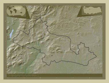 Kilis, province of Turkiye. Elevation map colored in wiki style with lakes and rivers. Locations of major cities of the region. Corner auxiliary location maps