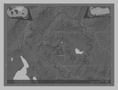 Krsehir, province of Turkiye. Grayscale elevation map with lakes and rivers. Locations and names of major cities of the region. Corner auxiliary location maps
