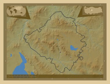 Krsehir, province of Turkiye. Colored elevation map with lakes and rivers. Locations of major cities of the region. Corner auxiliary location maps