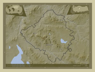 Krsehir, province of Turkiye. Elevation map colored in wiki style with lakes and rivers. Locations and names of major cities of the region. Corner auxiliary location maps