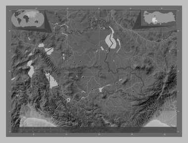 Konya, province of Turkiye. Grayscale elevation map with lakes and rivers. Locations of major cities of the region. Corner auxiliary location maps