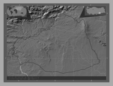 Sanlurfa, province of Turkiye. Bilevel elevation map with lakes and rivers. Locations of major cities of the region. Corner auxiliary location maps