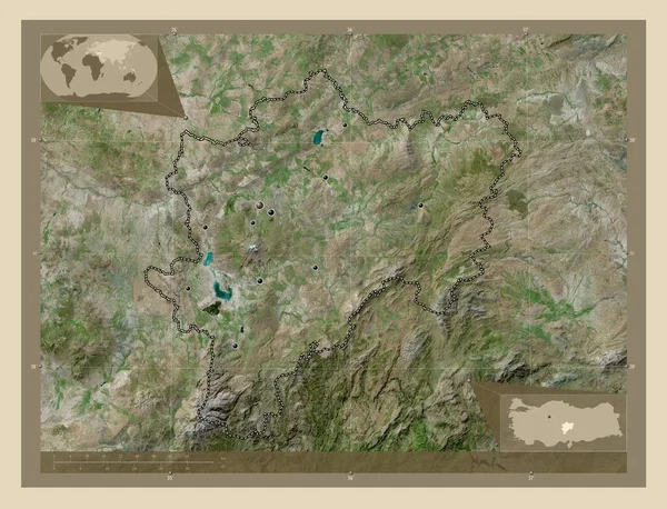 トルコ共和国のカセリ県 高解像度衛星地図 地域の主要都市の場所 コーナー補助位置図 — ストック写真