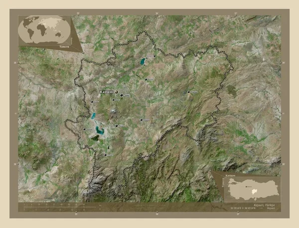 トルコ共和国のカセリ県 高解像度衛星地図 地域の主要都市の位置と名前 コーナー補助位置図 — ストック写真