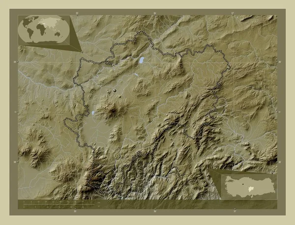 Kayseri Turkiye省 用Wiki风格绘制的带有湖泊和河流的高程地图 角辅助位置图 — 图库照片