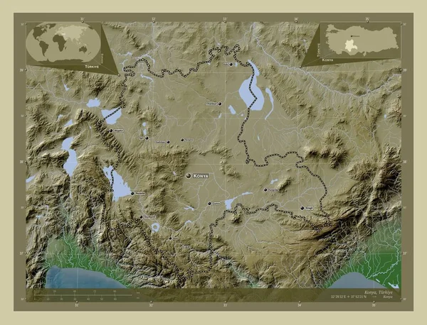 Konya Provincie Turkiye Zdvihová Mapa Zbarvená Stylu Wiki Jezery Řekami — Stock fotografie