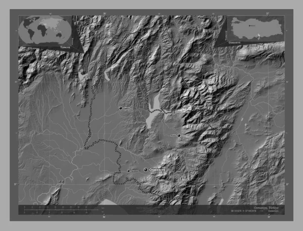 Osmaniye Province Turkiye Bilevel Elevation Map Lakes Rivers Locations Names —  Fotos de Stock