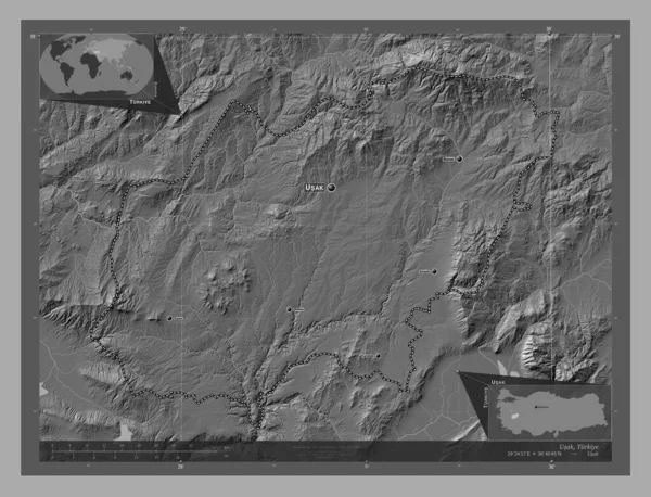Usak Province Turkiye Bilevel Elevation Map Lakes Rivers Locations Names —  Fotos de Stock