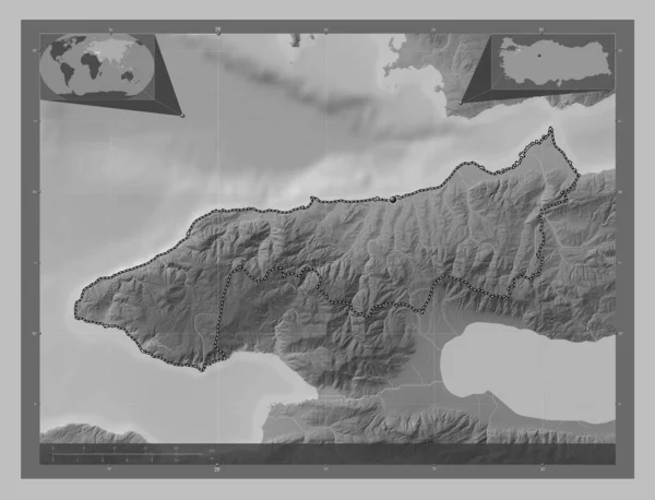 Yalova Province Turkiye Grayscale Elevation Map Lakes Rivers Corner Auxiliary — Fotografie, imagine de stoc