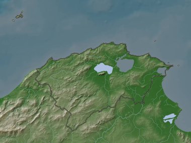 Bizerte, governorate of Tunisia. Elevation map colored in wiki style with lakes and rivers