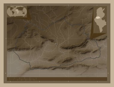Gafsa, governorate of Tunisia. Elevation map colored in sepia tones with lakes and rivers. Corner auxiliary location maps