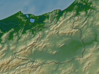 Jendouba, governorate of Tunisia. Colored elevation map with lakes and rivers
