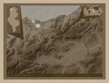 Jendouba, governorate of Tunisia. Elevation map colored in sepia tones with lakes and rivers. Locations of major cities of the region. Corner auxiliary location maps