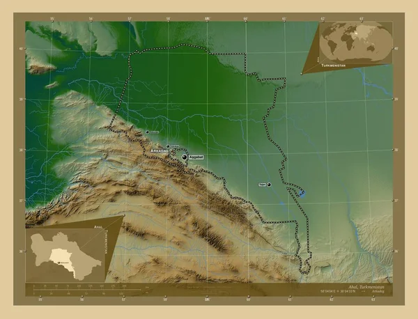 Ahal Provincia Turkmenistán Mapa Elevación Colores Con Lagos Ríos Ubicaciones — Foto de Stock