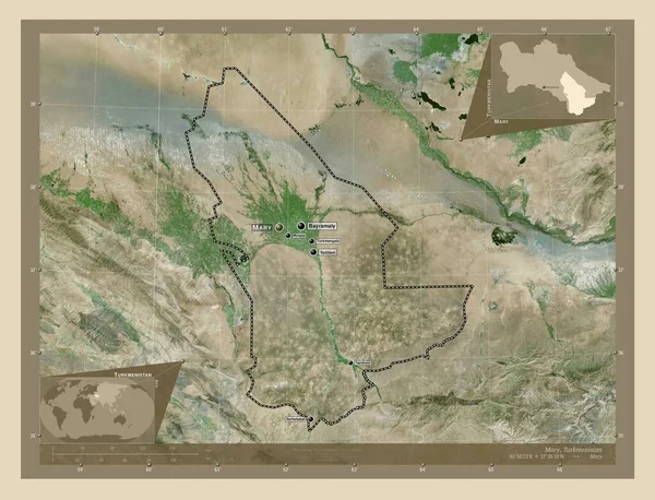 土库曼斯坦省 高分辨率卫星地图 该区域主要城市的地点和名称 角辅助位置图 — 图库照片