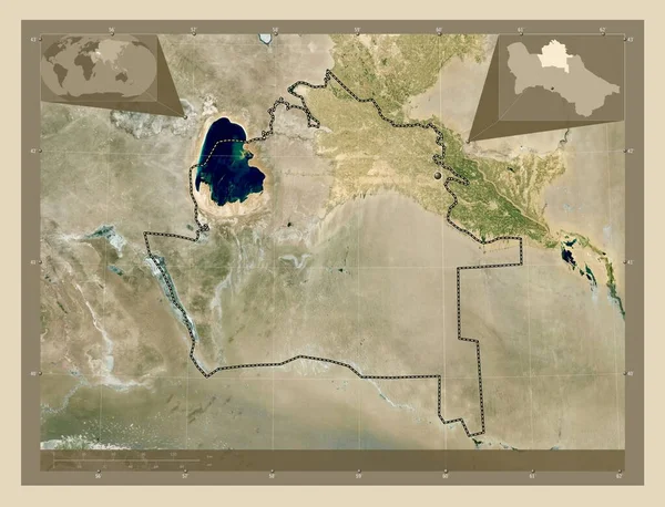 土库曼斯坦塔沙乌兹省 高分辨率卫星地图 角辅助位置图 — 图库照片
