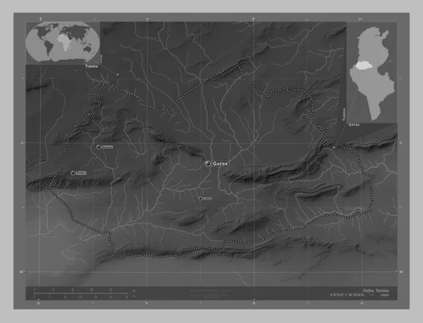 Гафса Провинция Тунис Карта Высот Оттенках Серого Озерами Реками Места — стоковое фото