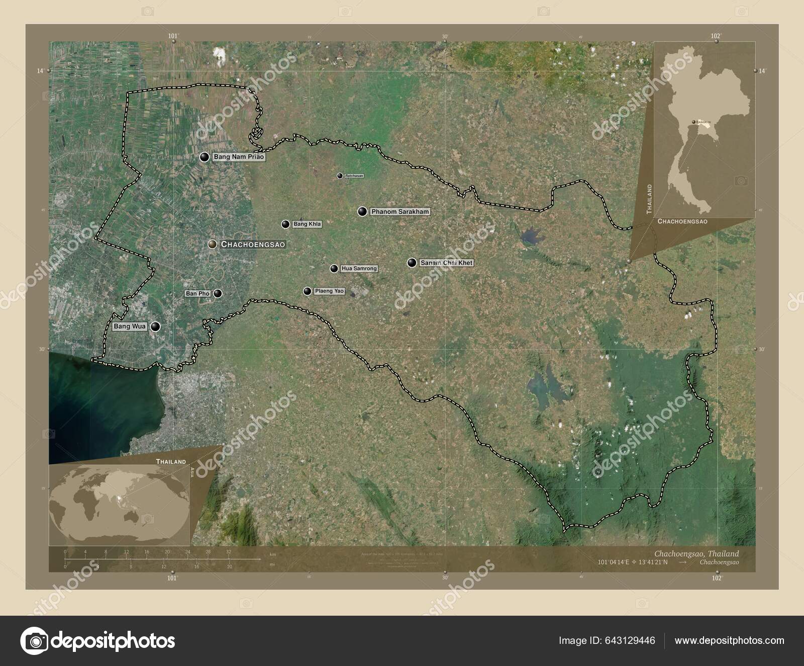 Chachoengsao Province Thailand High Resolution Satellite Map Locations ...