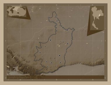 Buri Ram, province of Thailand. Elevation map colored in sepia tones with lakes and rivers. Locations of major cities of the region. Corner auxiliary location maps