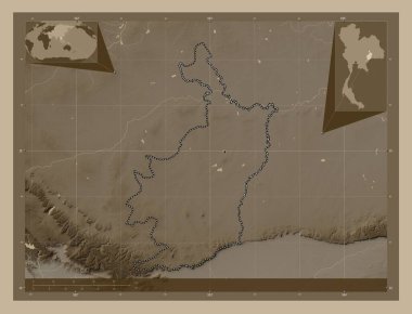Buri Ram, province of Thailand. Elevation map colored in sepia tones with lakes and rivers. Corner auxiliary location maps