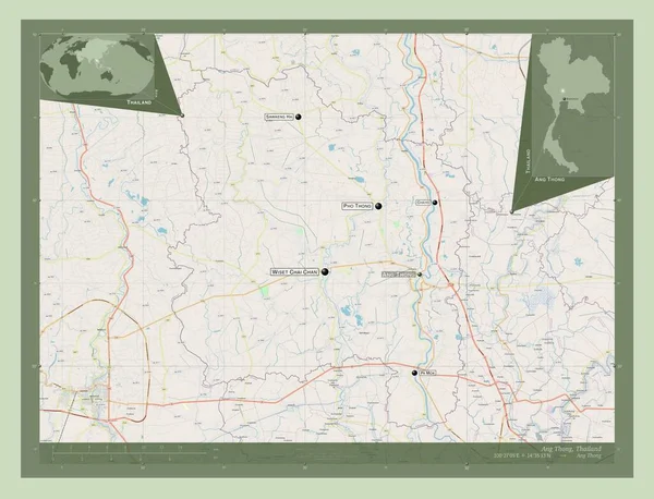 タイ王国の首都 ストリートマップを開く 地域の主要都市の位置と名前 コーナー補助位置図 — ストック写真