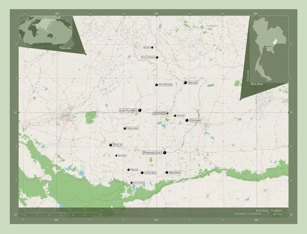 タイ王国の州 ブリー ストリートマップを開く 地域の主要都市の位置と名前 コーナー補助位置図 — ストック写真