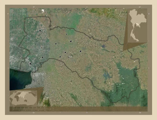 タイの省 Chachoengsao 高解像度衛星地図 地域の主要都市の場所 コーナー補助位置図 — ストック写真