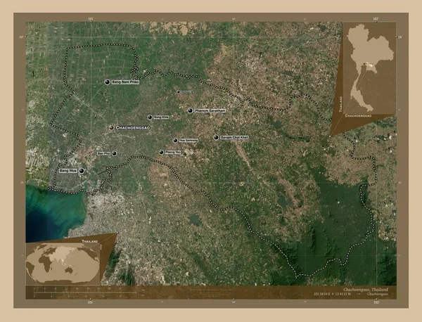 タイの省 Chachoengsao 低解像度衛星地図 地域の主要都市の位置と名前 コーナー補助位置図 — ストック写真