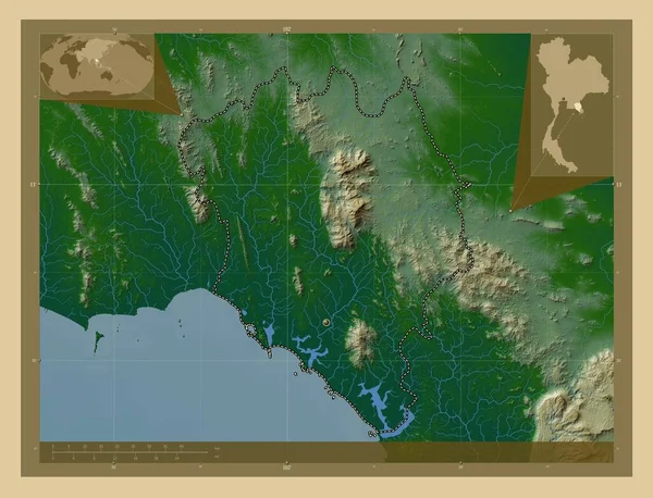 Chanthaburi Province Thailand Colored Elevation Map Lakes Rivers Corner Auxiliary — 스톡 사진