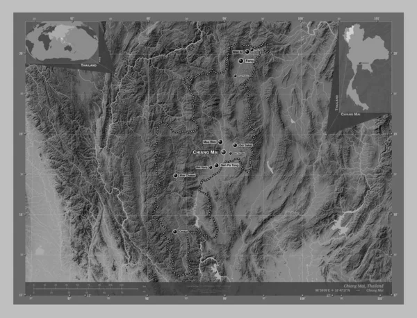Chiang Mai Province Thailand Grayscale Elevation Map Lakes Rivers Locations — Stock Photo, Image