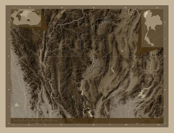 Chiang Mai Province Thailand Elevation Map Colored Sepia Tones Lakes — Stock Photo, Image