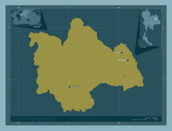タイ王国のカラシン県 しっかりした色の形 地域の主要都市の位置と名前 コーナー補助位置図 — ストック写真