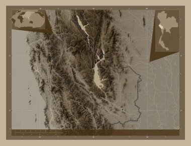Kanchanaburi, province of Thailand. Elevation map colored in sepia tones with lakes and rivers. Corner auxiliary location maps