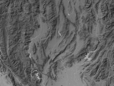 Lampang, province of Thailand. Grayscale elevation map with lakes and rivers