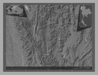 Mae Hong Son, province of Thailand. Bilevel elevation map with lakes and rivers. Locations and names of major cities of the region. Corner auxiliary location maps