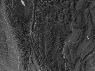 Mae Hong Son, province of Thailand. Grayscale elevation map with lakes and rivers