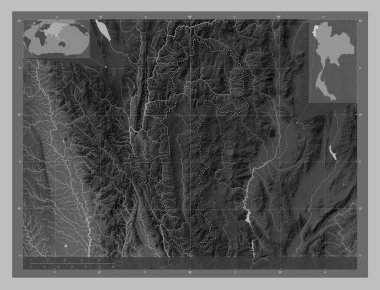 Mae Hong Son, province of Thailand. Grayscale elevation map with lakes and rivers. Corner auxiliary location maps