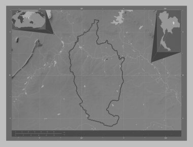 Maha Sarakham, province of Thailand. Grayscale elevation map with lakes and rivers. Corner auxiliary location maps