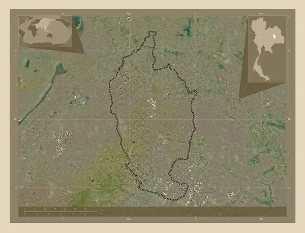 タイ王国のマハ サラカム州 高解像度衛星地図 地域の主要都市の場所 コーナー補助位置図 — ストック写真