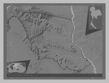 Mukdahan, province of Thailand. Grayscale elevation map with lakes and rivers. Locations of major cities of the region. Corner auxiliary location maps
