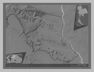 Mukdahan, province of Thailand. Grayscale elevation map with lakes and rivers. Locations and names of major cities of the region. Corner auxiliary location maps