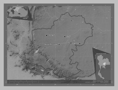 Nakhon Ratchasima, province of Thailand. Grayscale elevation map with lakes and rivers. Locations and names of major cities of the region. Corner auxiliary location maps