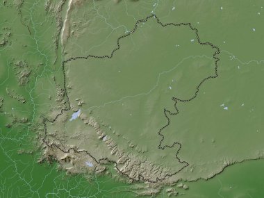 Nakhon Ratchasima, province of Thailand. Elevation map colored in wiki style with lakes and rivers