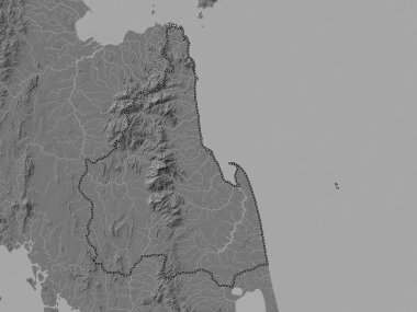 Nakhon Si Thammarat, province of Thailand. Bilevel elevation map with lakes and rivers