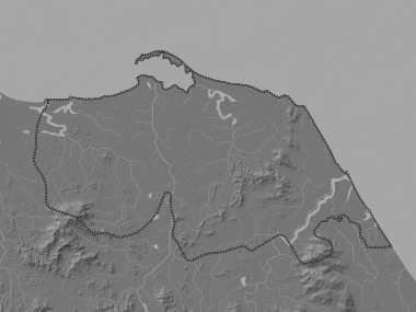 Pattani, province of Thailand. Bilevel elevation map with lakes and rivers