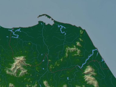 Pattani, province of Thailand. Colored elevation map with lakes and rivers