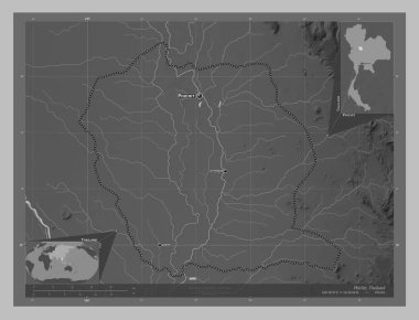 Phichit, Tayland vilayeti. Gölleri ve nehirleri olan gri tonlama yükseklik haritası. Bölgenin büyük şehirlerinin yerleri ve isimleri. Köşedeki yedek konum haritaları