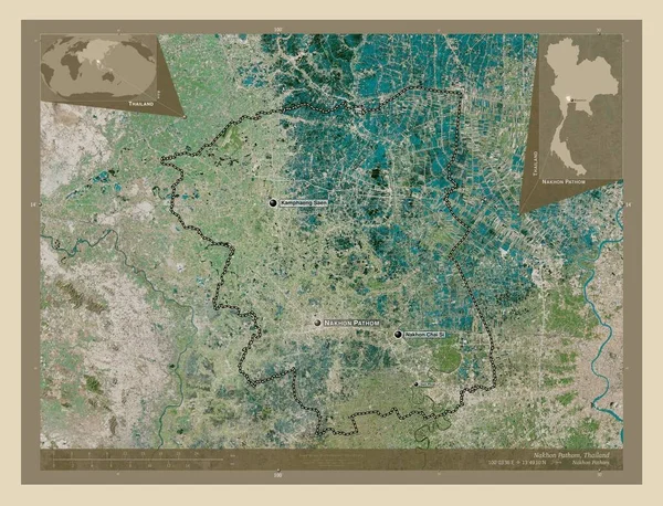 タイ王国のナコンパトム県 高解像度衛星地図 地域の主要都市の位置と名前 コーナー補助位置図 — ストック写真